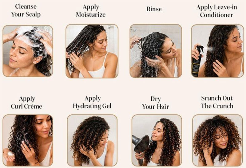 Woman with defined natural curls during a hair-care routine.