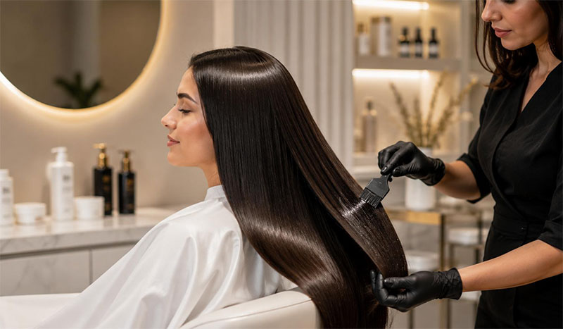 Hair stylist applying a smoothing treatment to a client's hair