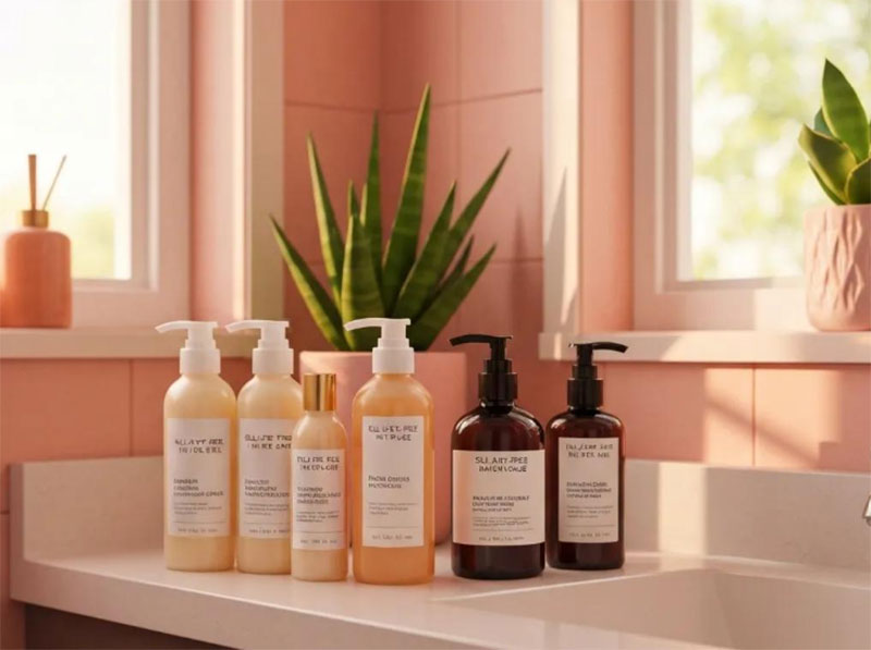 Shampoo and conditioner bottles arranged on a bathroom shelf